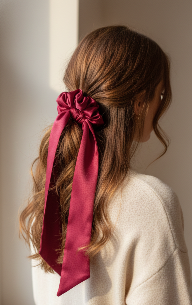 Oversized Crimson Red Satin Scrunchie with Scarf Bow | Statement Hair Accessory