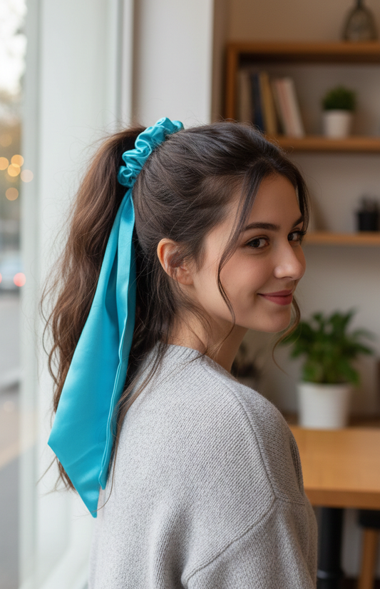 Premium Light Green Satin Bow Scrunchie – Large Silk-Feel Hair Scarf Tie for Women & Girls