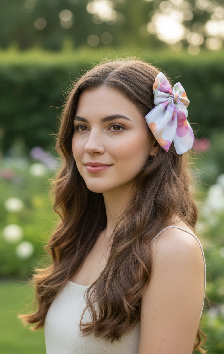 Oversized Floral Silk-Satin Hair Bow – Pink & Purple Spring Flower Print – Large Statement Bow Hair Clip for Women and Girls