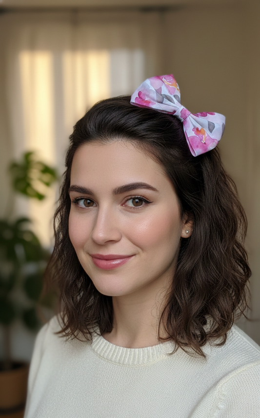 Handmade Pink Floral Satin Hair Bow – Elegant Watercolor Blossom Spring Hair Clip for Women and Girls