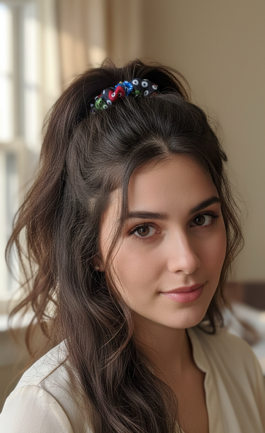 Vibrant Ankara Print Satin Scrunchie – Bold Geometric Pattern Hair Accessory – Colorful African Wax Print Elastic Hair Tie for All Hair Types