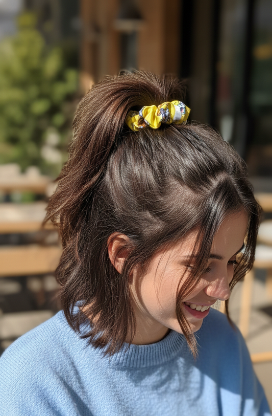 Tom & Jerry Cartoon Print Yellow Satin Scrunchie | No-Crease Hair Accessory for Women & Girls