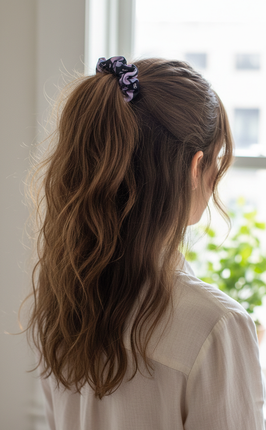 Geometric Abstract Print Scrunchie in Purple and Black | Soft Fabric Hair Accessory