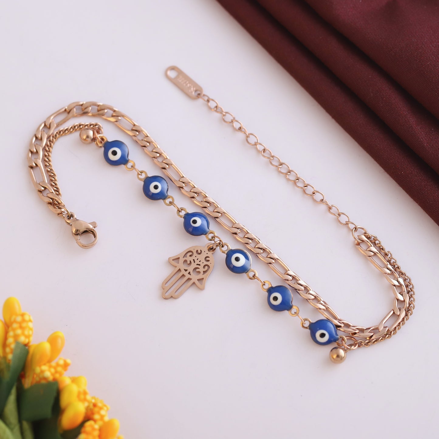 Anti-Tarnish 18K Rose Gold Plated Stainless Steel Chain Bracelet with Evil Eye Charms | Adjustable Length
