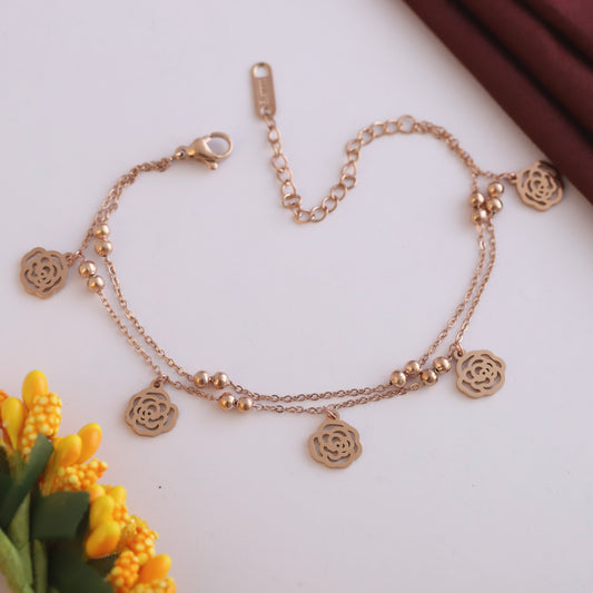 Anti-Tarnish 18K Rose Gold Plated Stainless Steel Chain Bracelet with Flower Charms | Adjustable Length