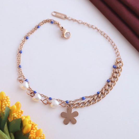 Anti-Tarnish 18K Rose Gold Plated Evil Eye & Pearl Chain Bracelet