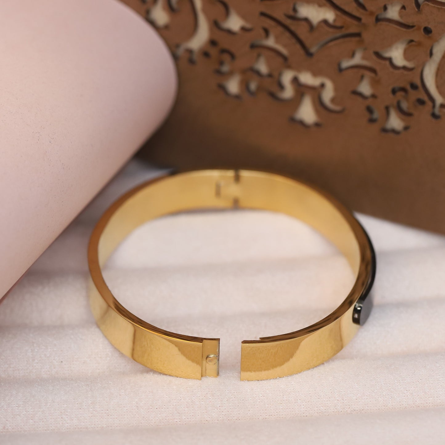 Gold-Tone Bangle with Black Enamel Inlay - Modern, Minimalist Bracelet.