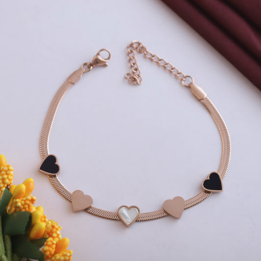 Rose Gold Heart Charm Bracelet - Black & White Mother of Pearl Jewelry