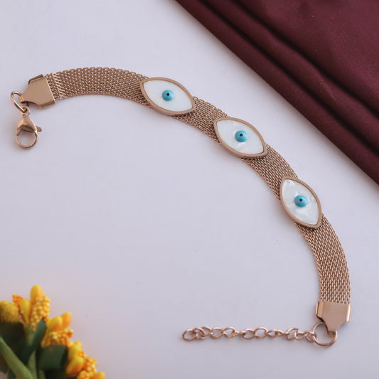 Rose Gold Mesh Evil Eye Bracelet - Mother of Pearl Charm Protection Jewelry