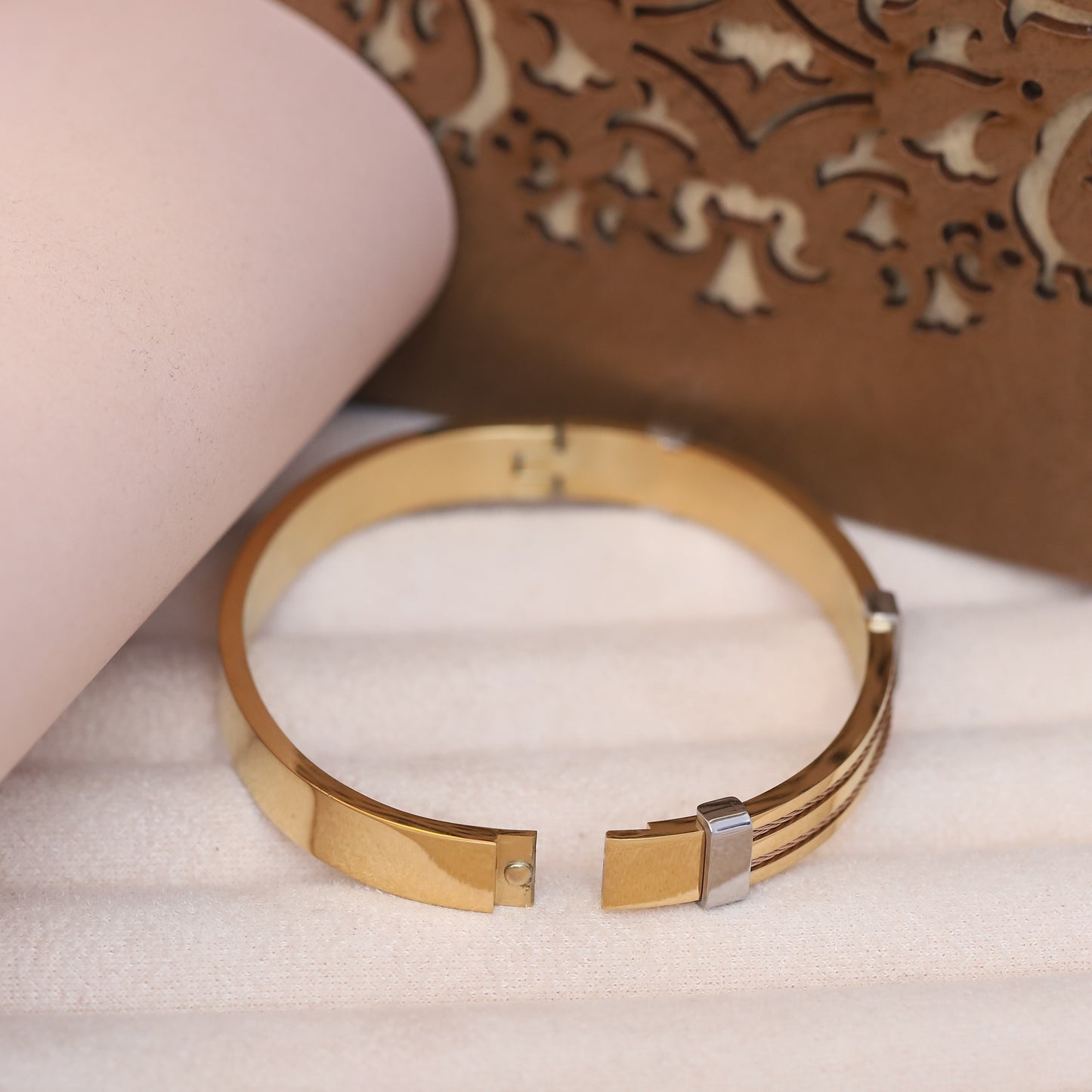 Two-Tone Cable Detail Gold Bangle for Men | Modern Stainless Steel Bracelet