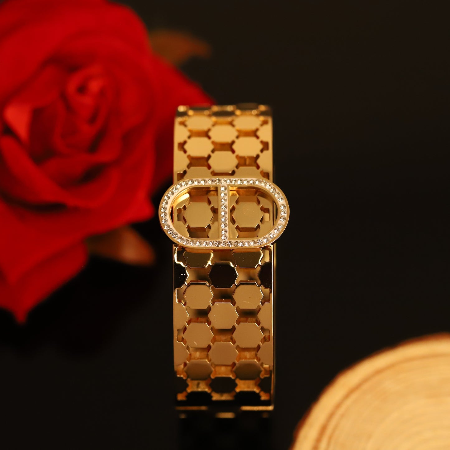 Wide Gold Hexagon Bangle with Crystal Buckle - Modern Geometric Bracelet