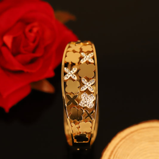 Wide Gold Bangle with Cutout Clover & Crystal Accents - Floral Bracelet
