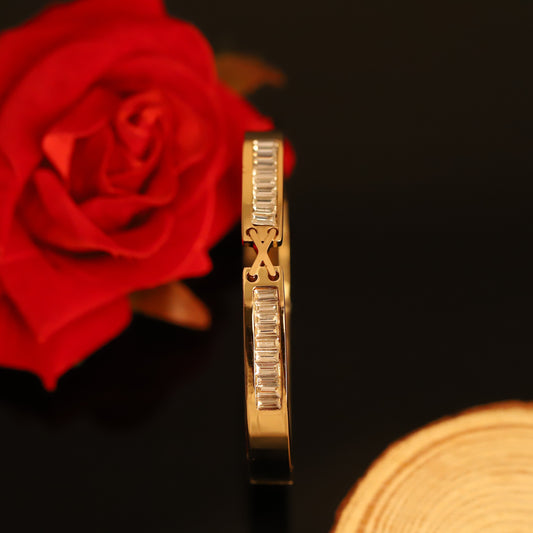 Gold Bangle with Baguette Crystals and Y-shaped Detail - Elegant Women's Bracelet
