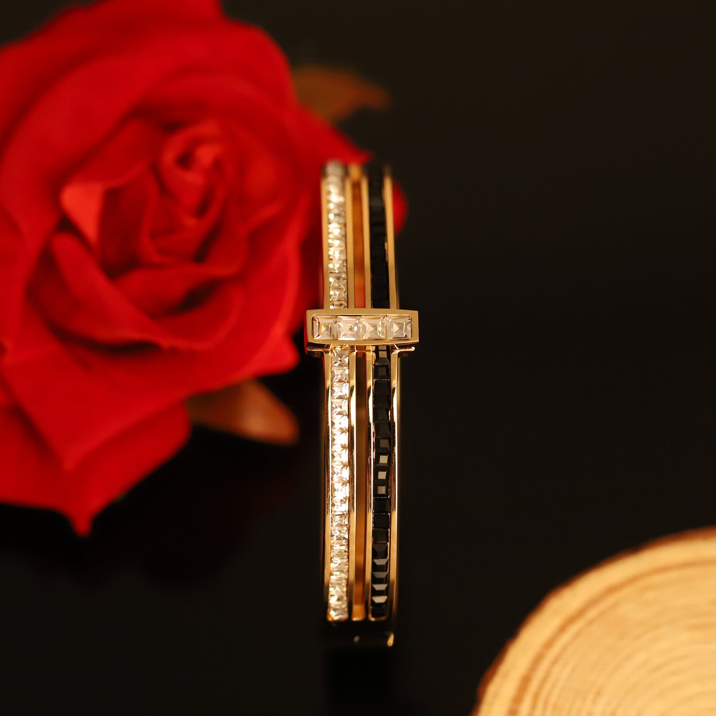 Modern Gold Bangle with Black & Crystal Stripe Accents - T-Bar Design