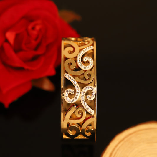 Filigree Gold Swirl Bangle with Crystal Accents - Ornate Openwork Bracelet
