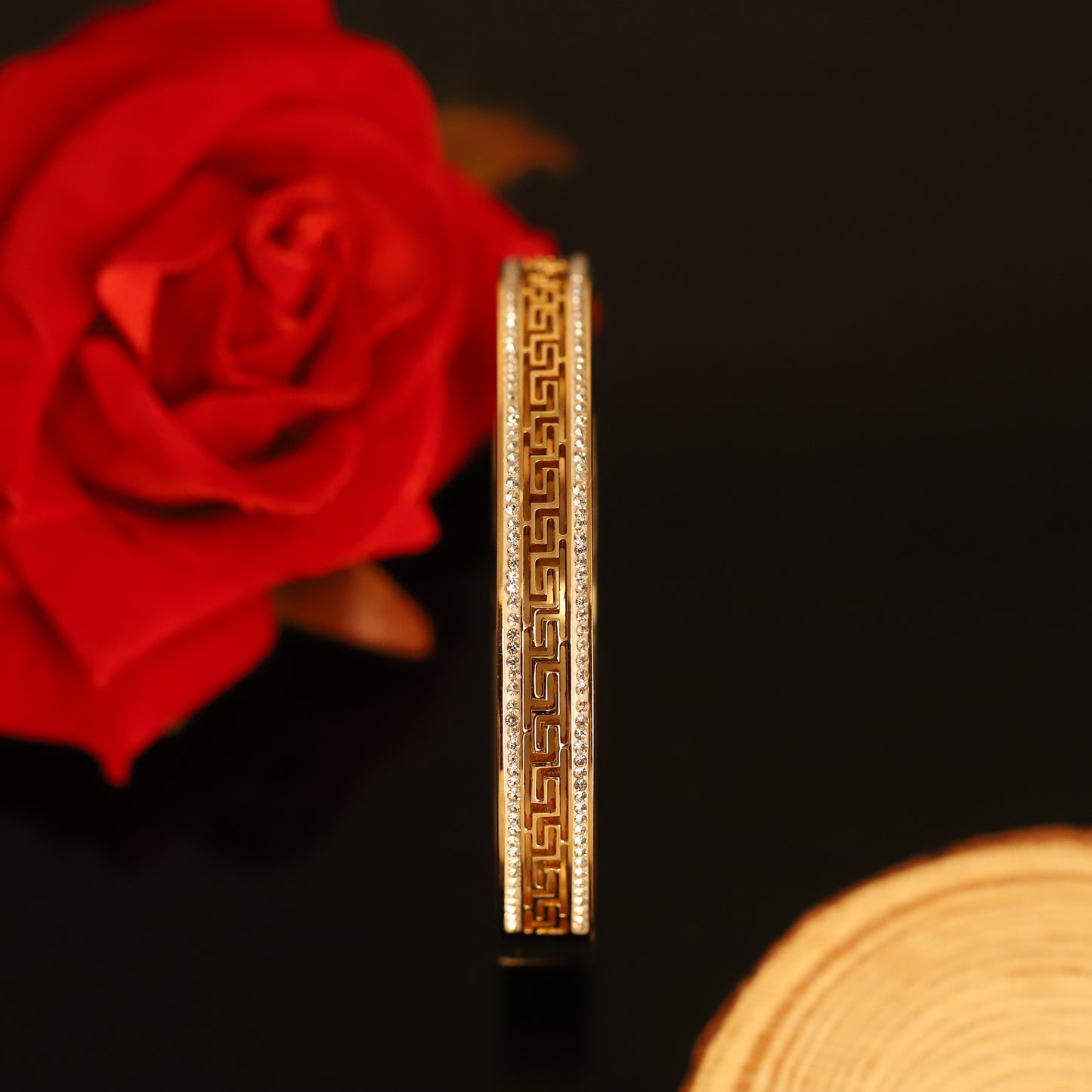 Greek Key Bangle with Textured Gold and Crystal Stripes - Modern Bracelet