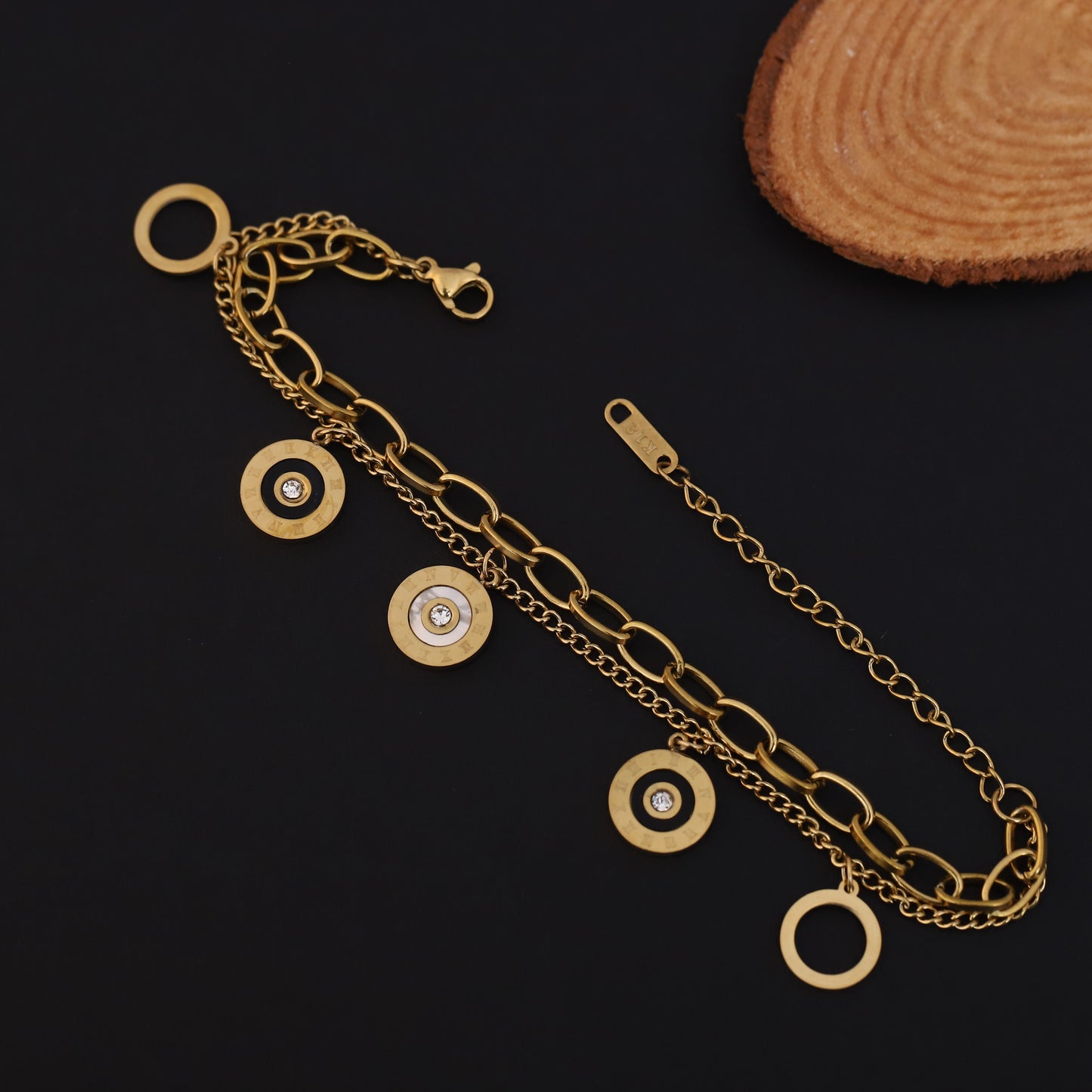 Gold Layered Charm Bracelet - Roman Numeral & Crystal Disc Design