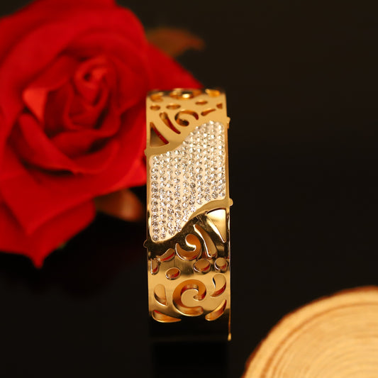 Wide Gold Bangle with Pavé Crystal Heart & Filigree - Statement Bracelet