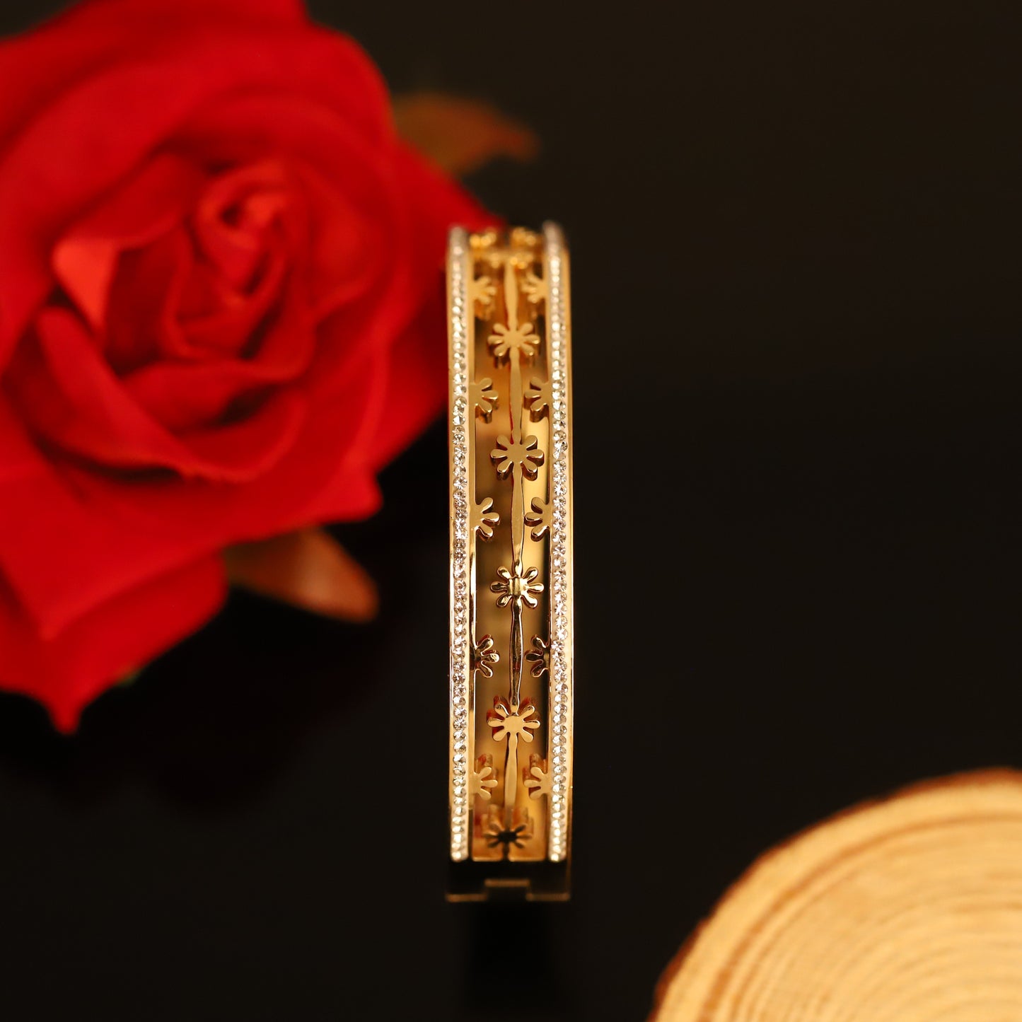 Gold Floral Cutout Bangle with Crystal Edges - Elegant Flower Bracelet