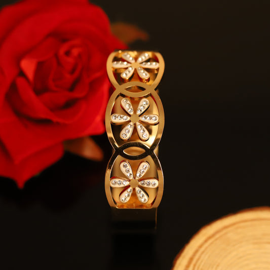 Gold Bangle with Pavé Crystal Flowers - Modern Floral Bracelet