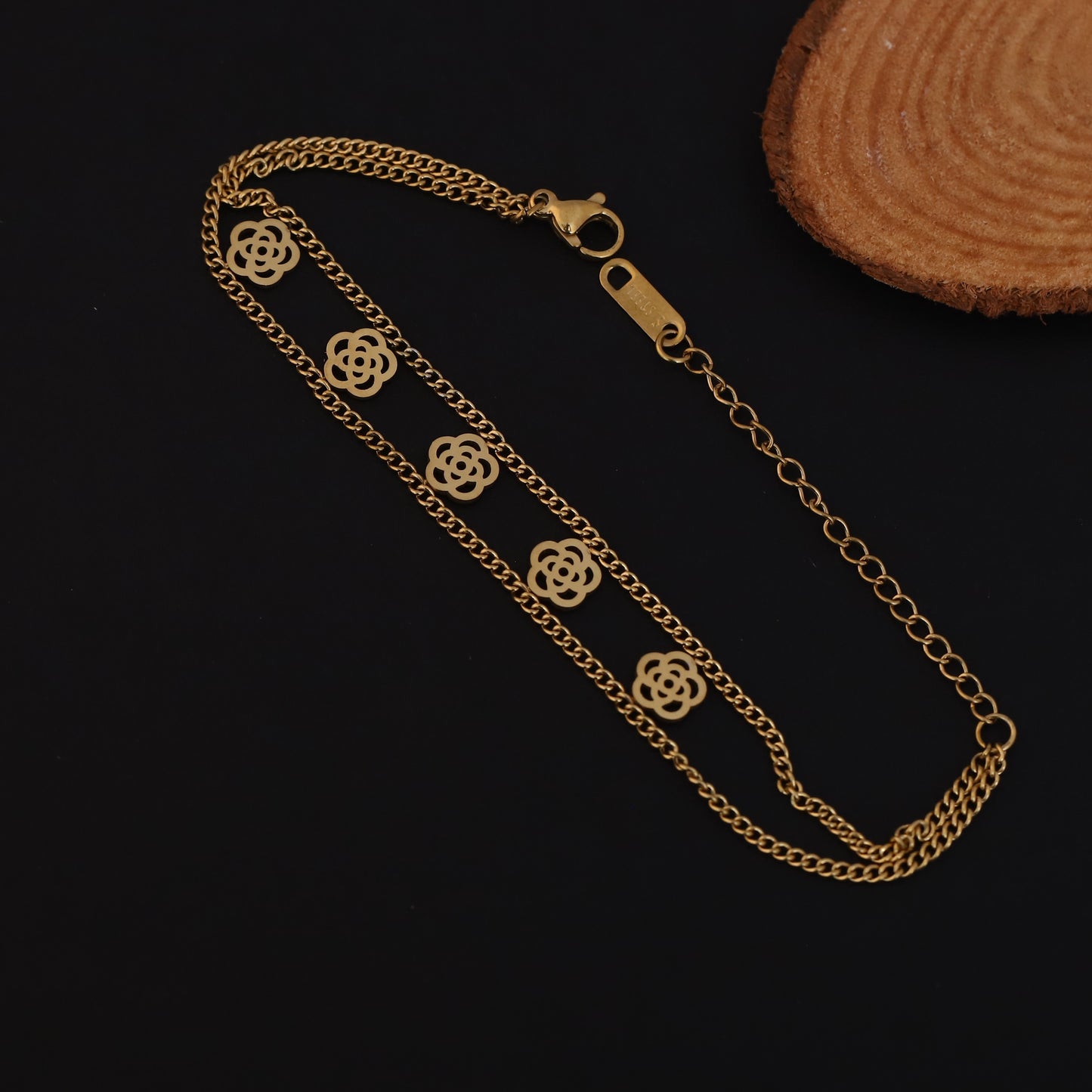 Gold Layered Floral Charm Bracelet - Stainless Steel Double Chain Jewelry