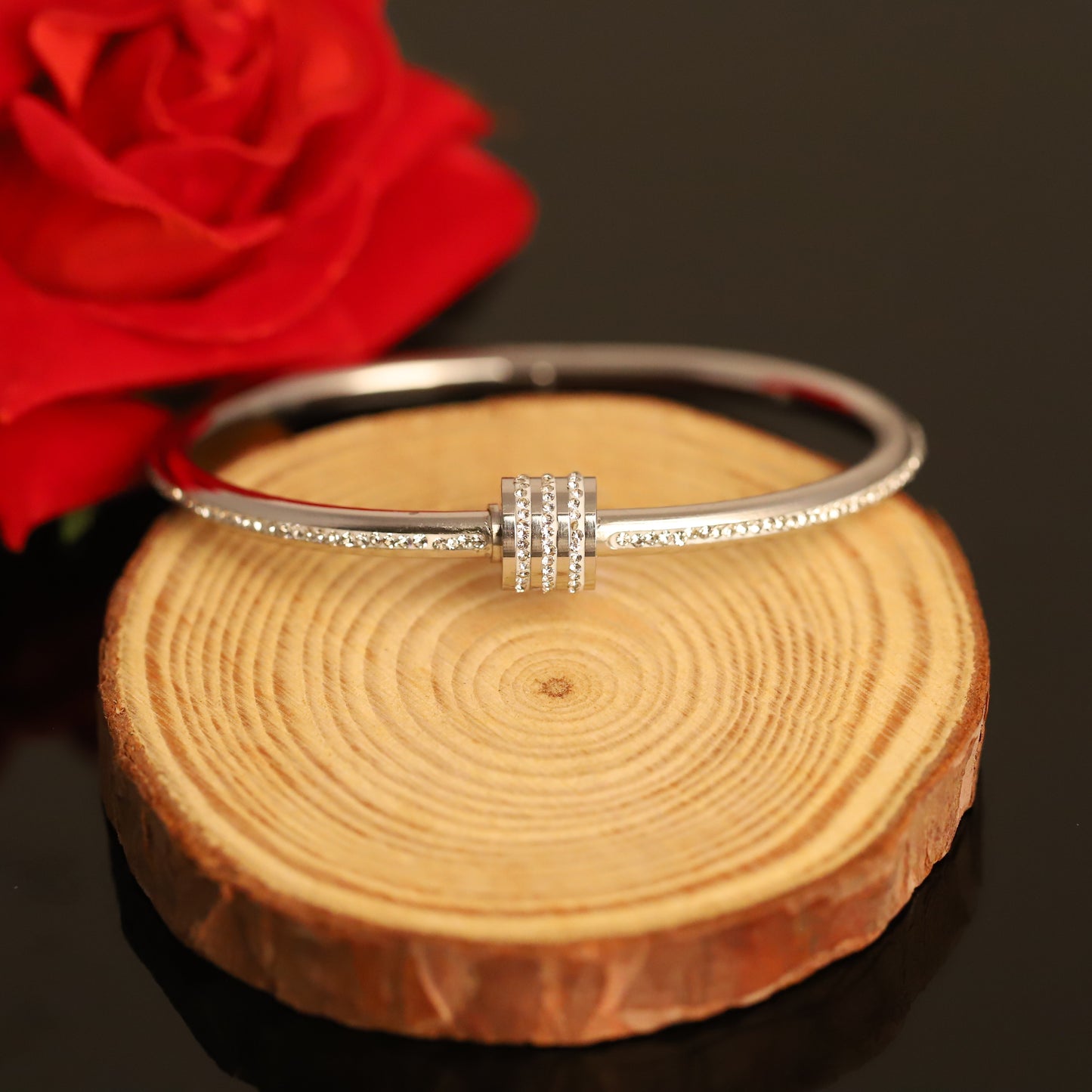 Silver-Toned Bangle with Crystal Centerpiece - Dazzling Pave Bracelet
