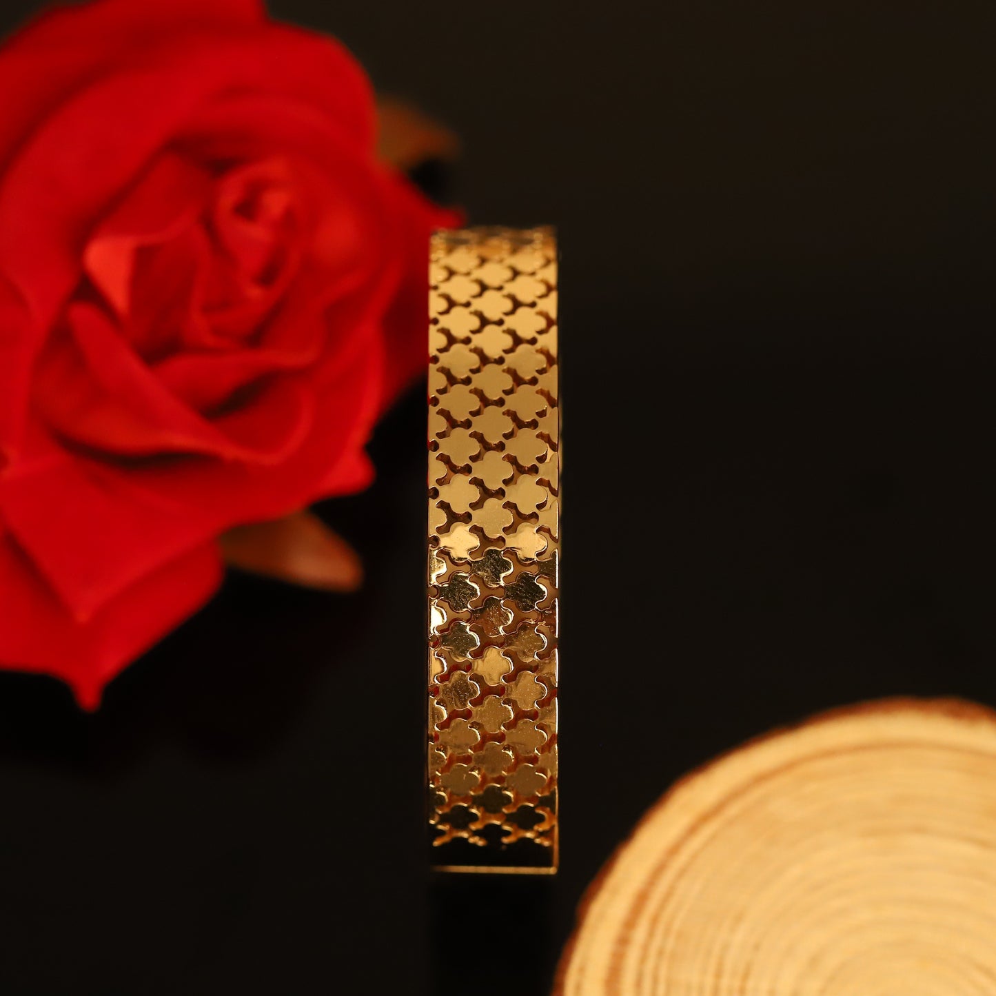 Wide Gold Clover Pattern Bangle - Elegant Openwork Bracelet