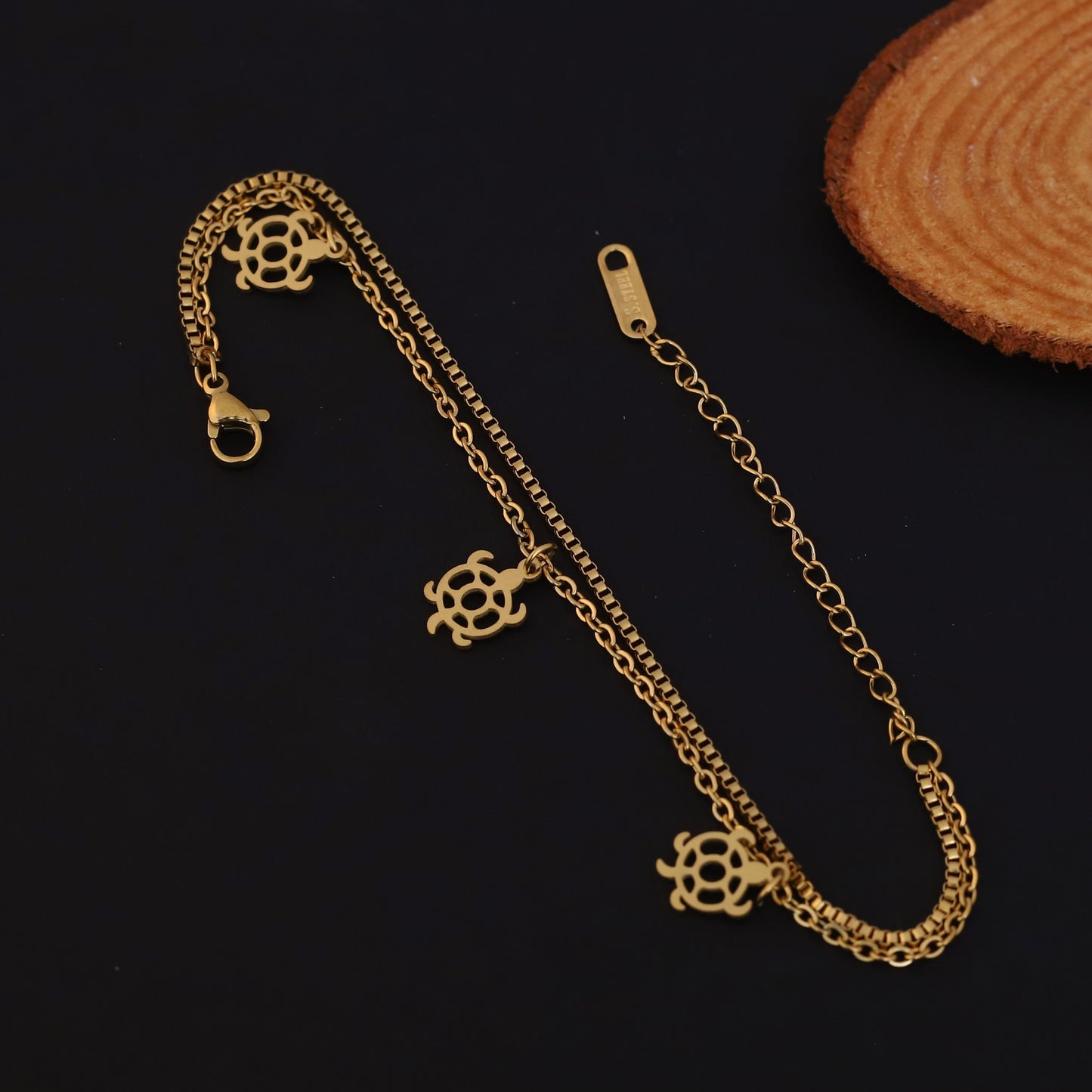 Gold Turtle Charm Bracelet - Stainless Steel Double Layer Chain Jewelry