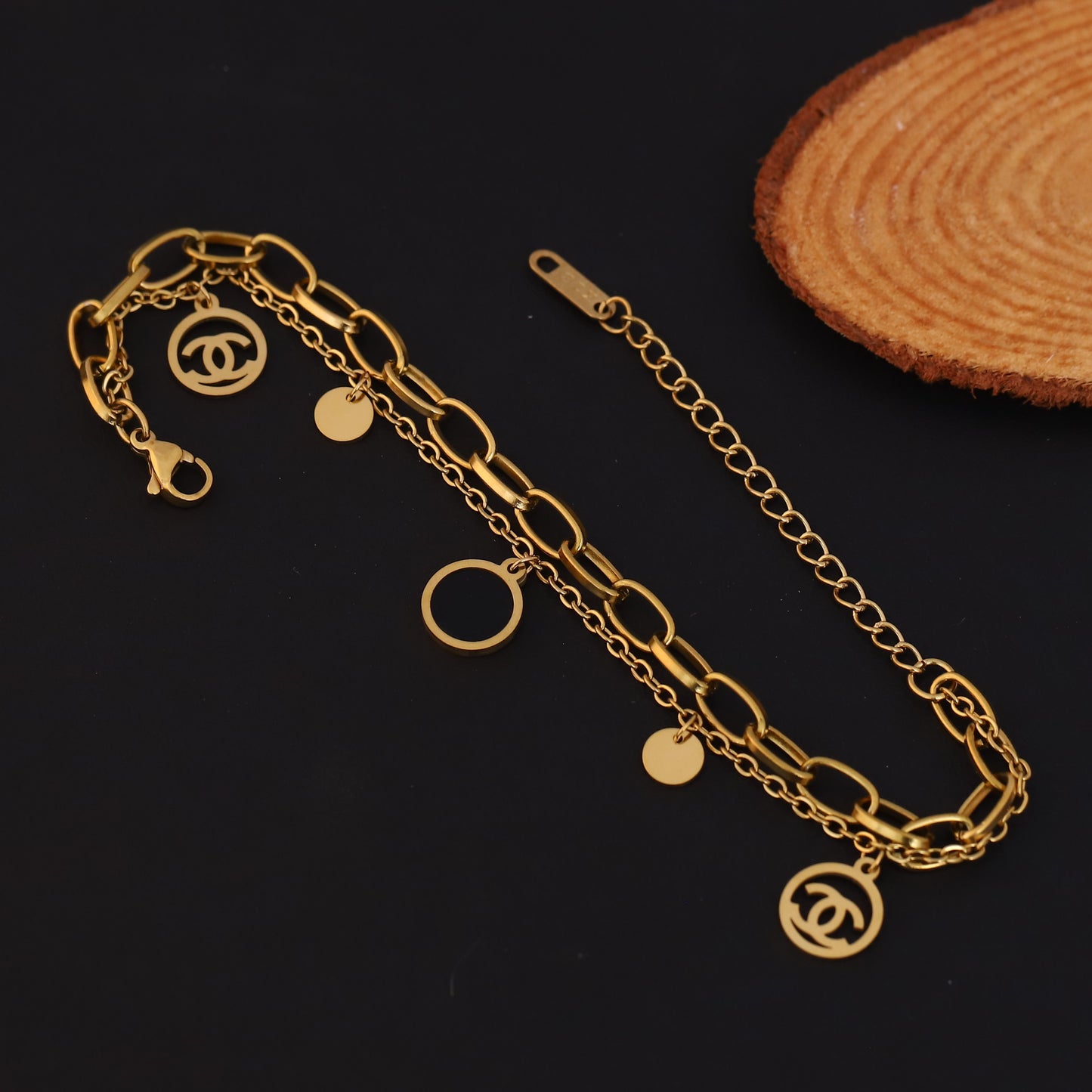 Elegant Gold Plated Double Layer Charm Bracelet for Women - Stainless Steel Fashion Jewelry