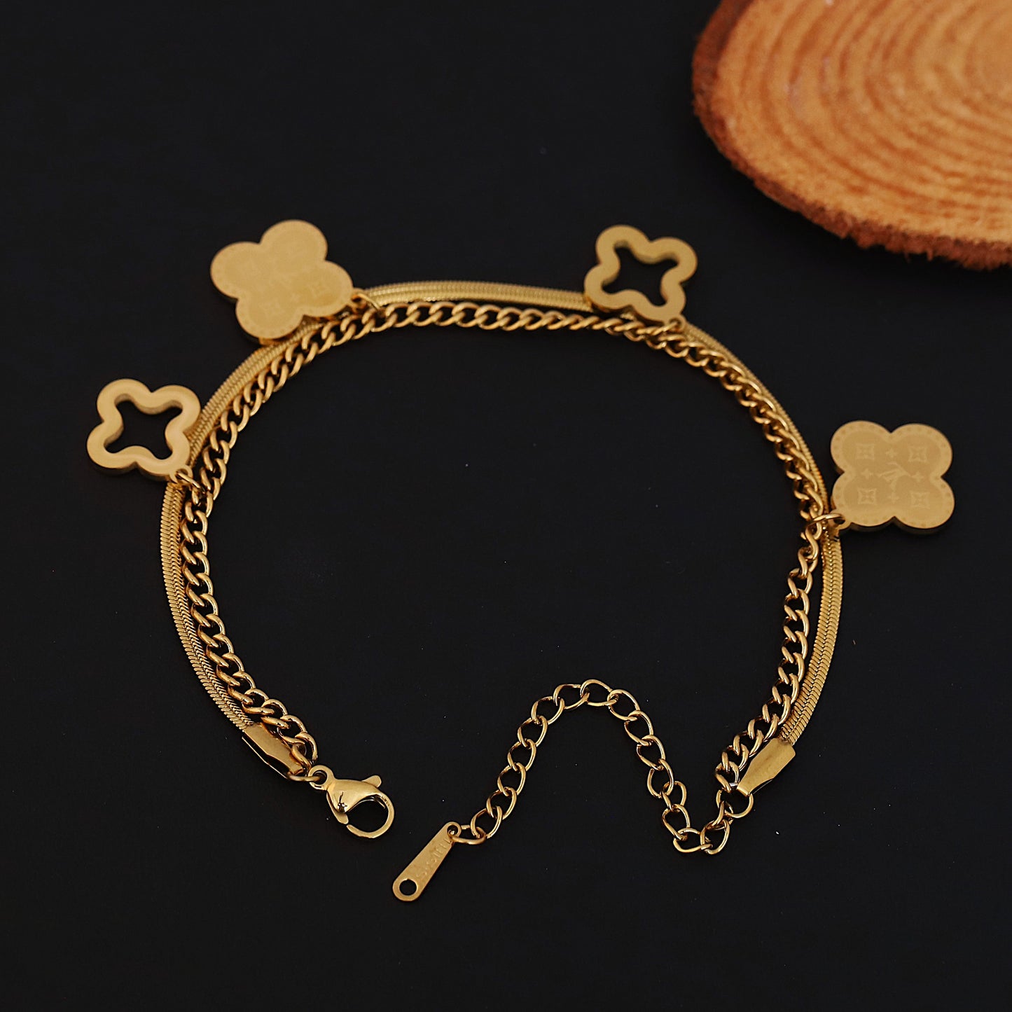 Four-Leaf Clover Double-Layer Gold Chain Bracelet