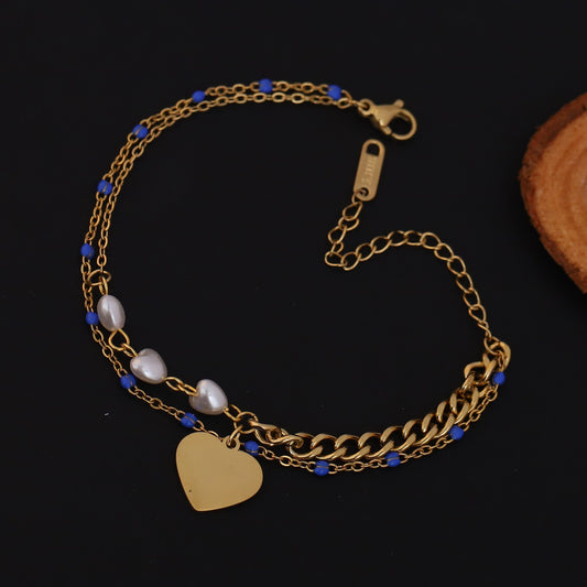 Gold Plated Heart Charm Bracelet with Blue Beads & Pearls - Double Layer Stainless Steel