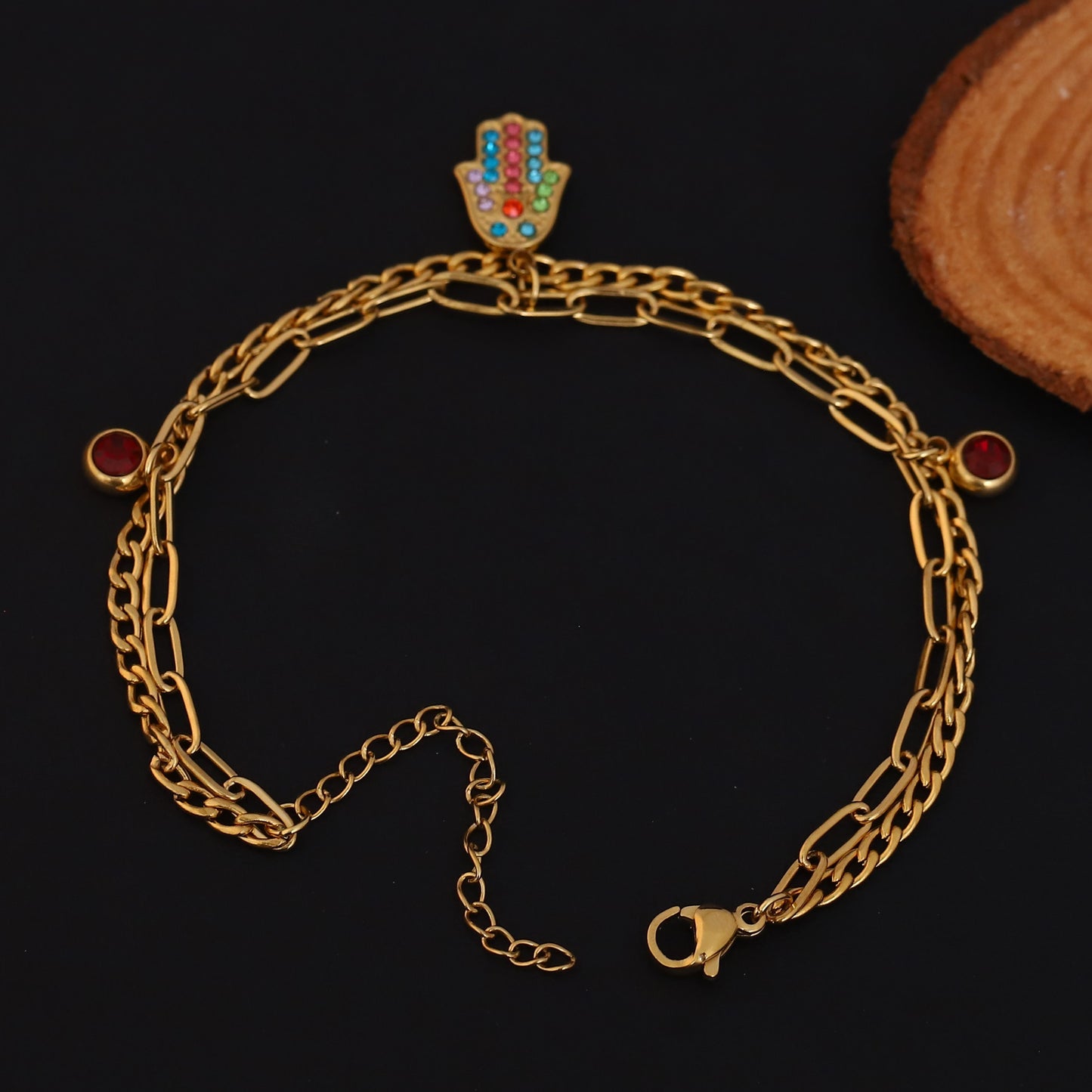 Gold Plated Hamsa Hand Charm Bracelet with Colorful CZ Stones - Double Layer Stainless Steel