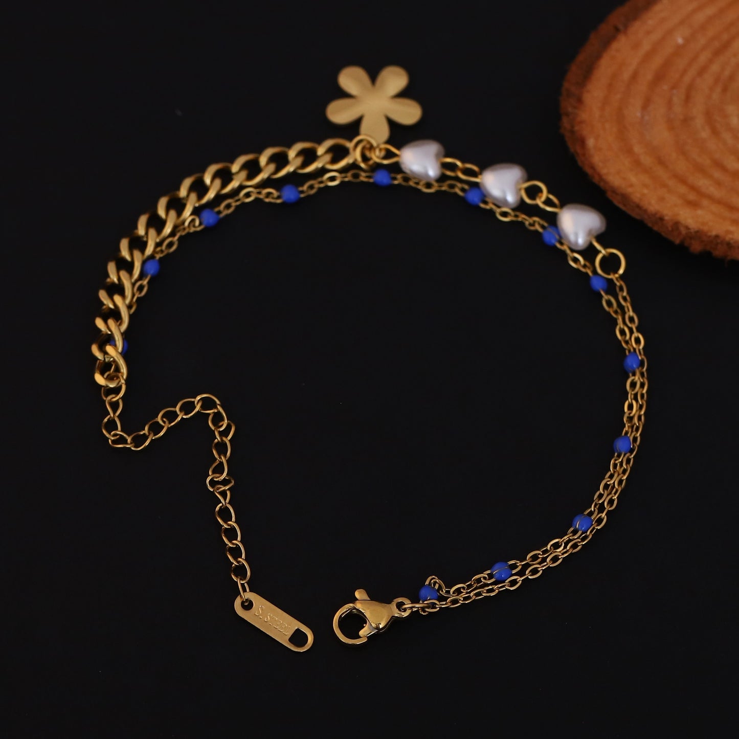 Gold Plated Heart & Flower Charm Bracelet with Blue Beads - Double Layer Stainless Steel