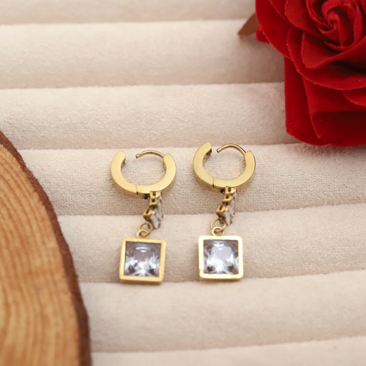 Gold Plated Square & Baguette Stone Drop Earrings