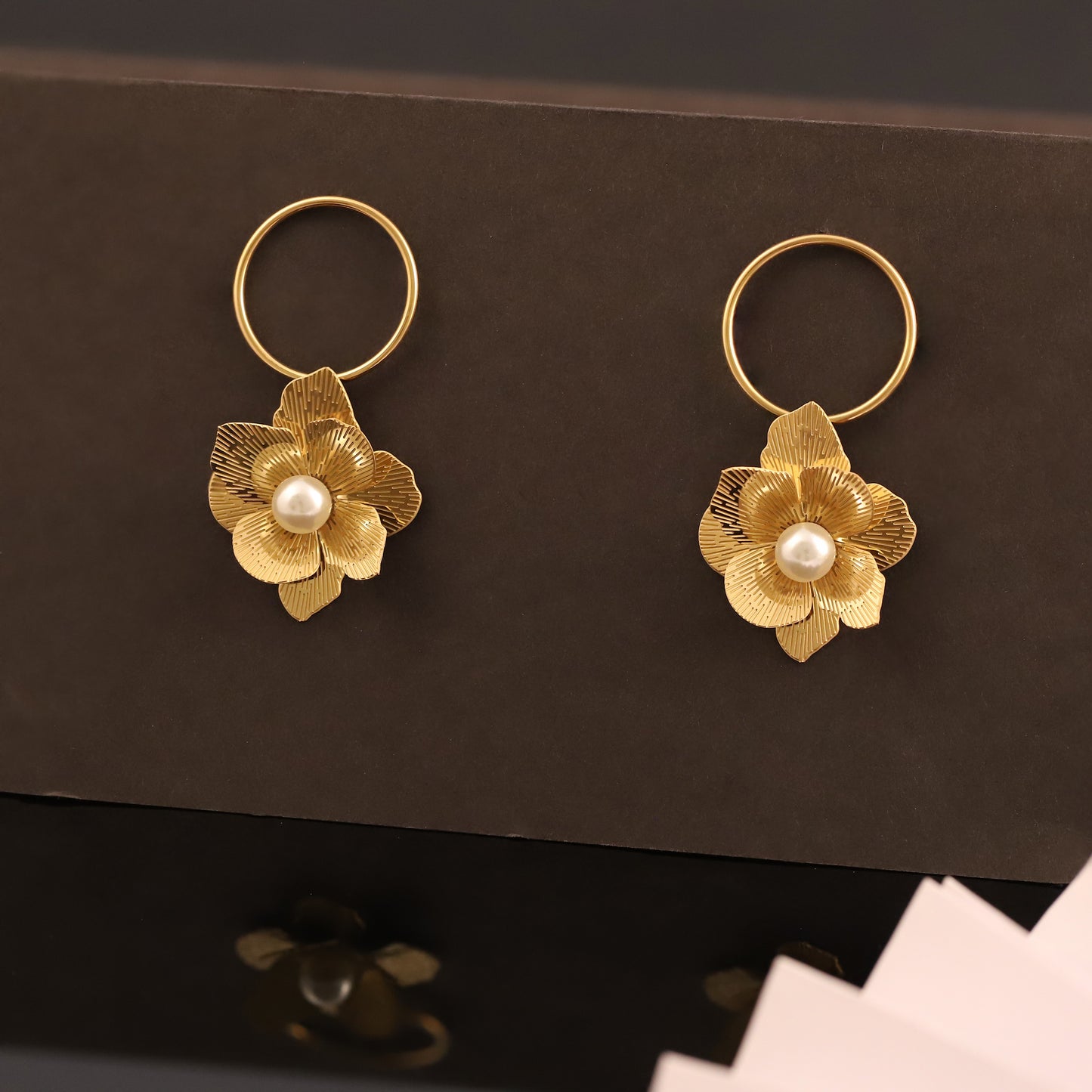 Gold Floral Drop Earrings with Pearl Center & Hoop Detail - Elegant Flower Jewelry