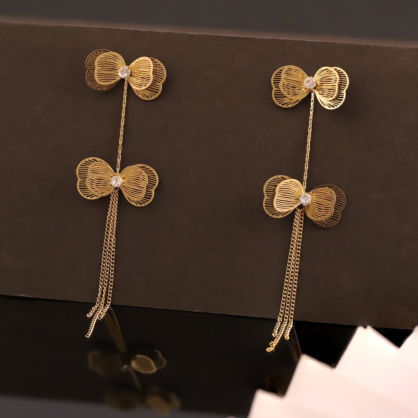 Golden Double Bow Drop Earrings with Sparkling Centers and Chain Tassels - Elegant Women's Fashion
