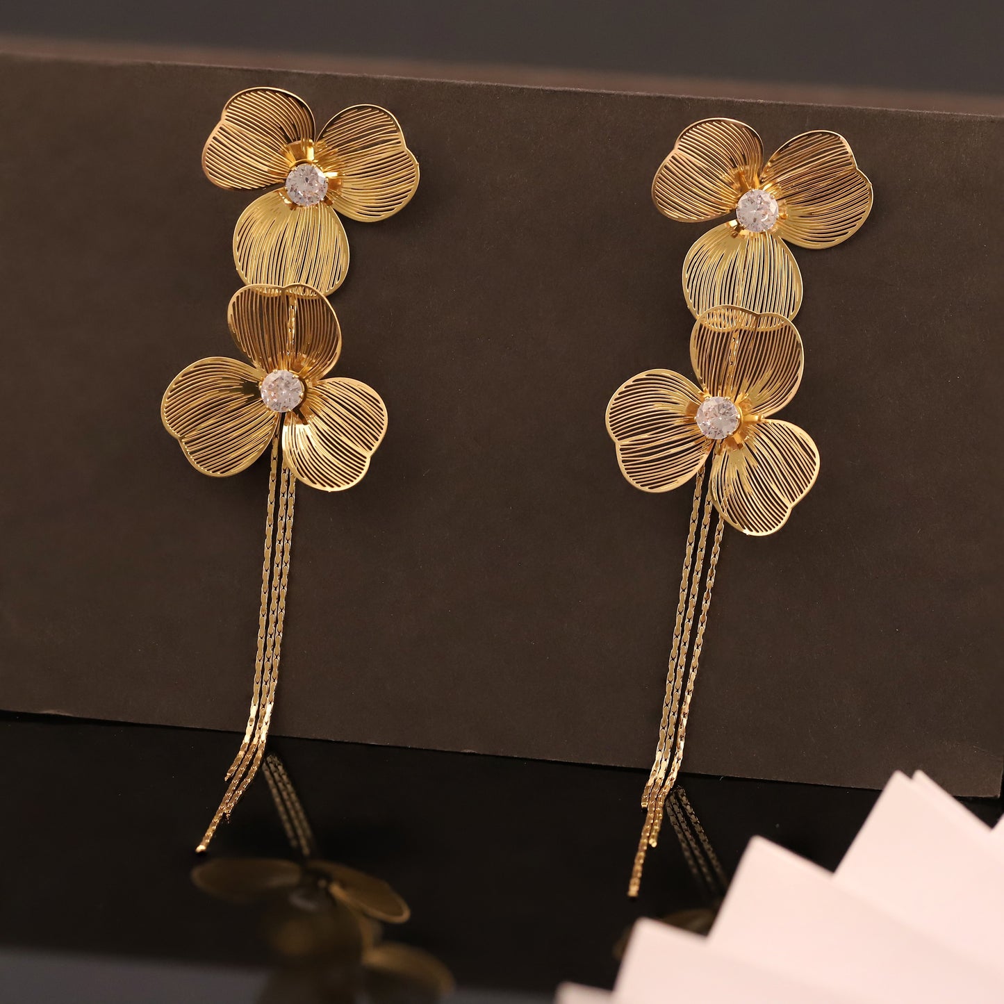 Golden Layered Floral Drop Earrings with Sparkling Centers and Chain Tassels - Elegant Women's Jewelry