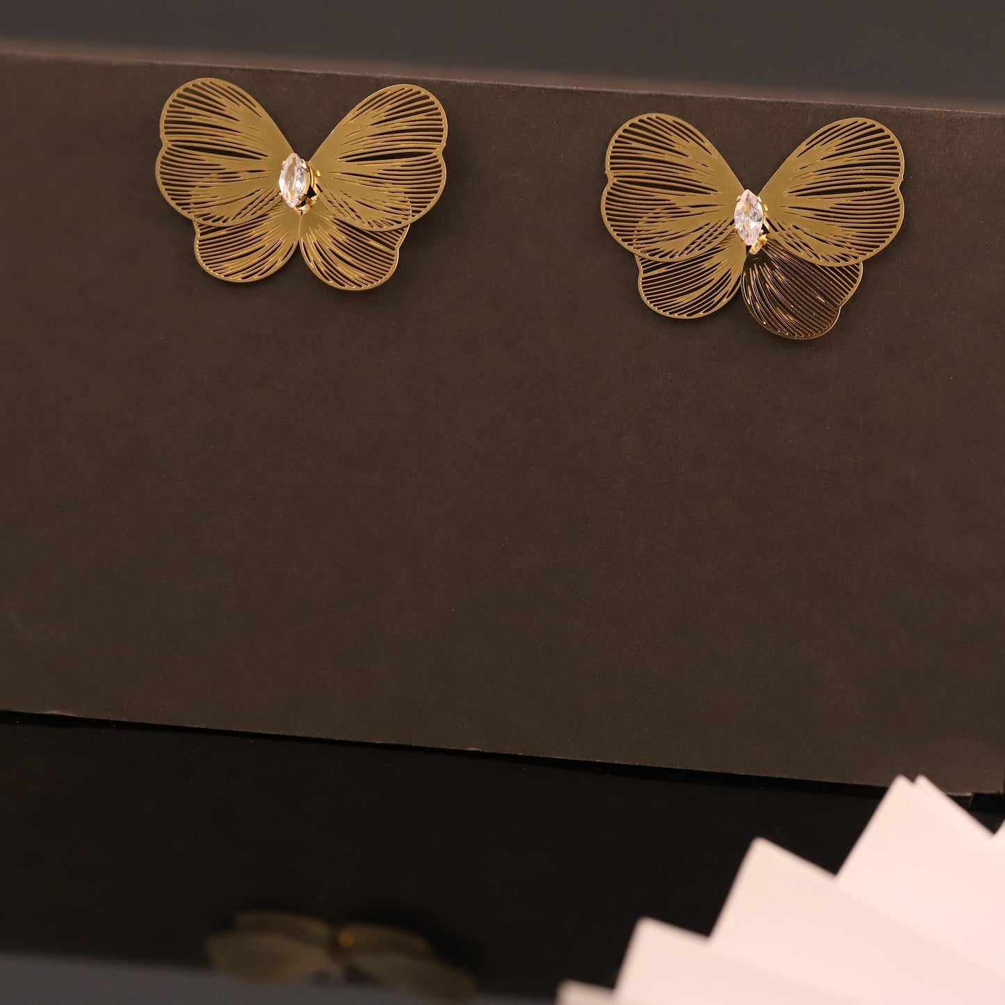 Gold Butterfly Stud Earrings with CZ Crystal - Whimsical Etched Jewelry