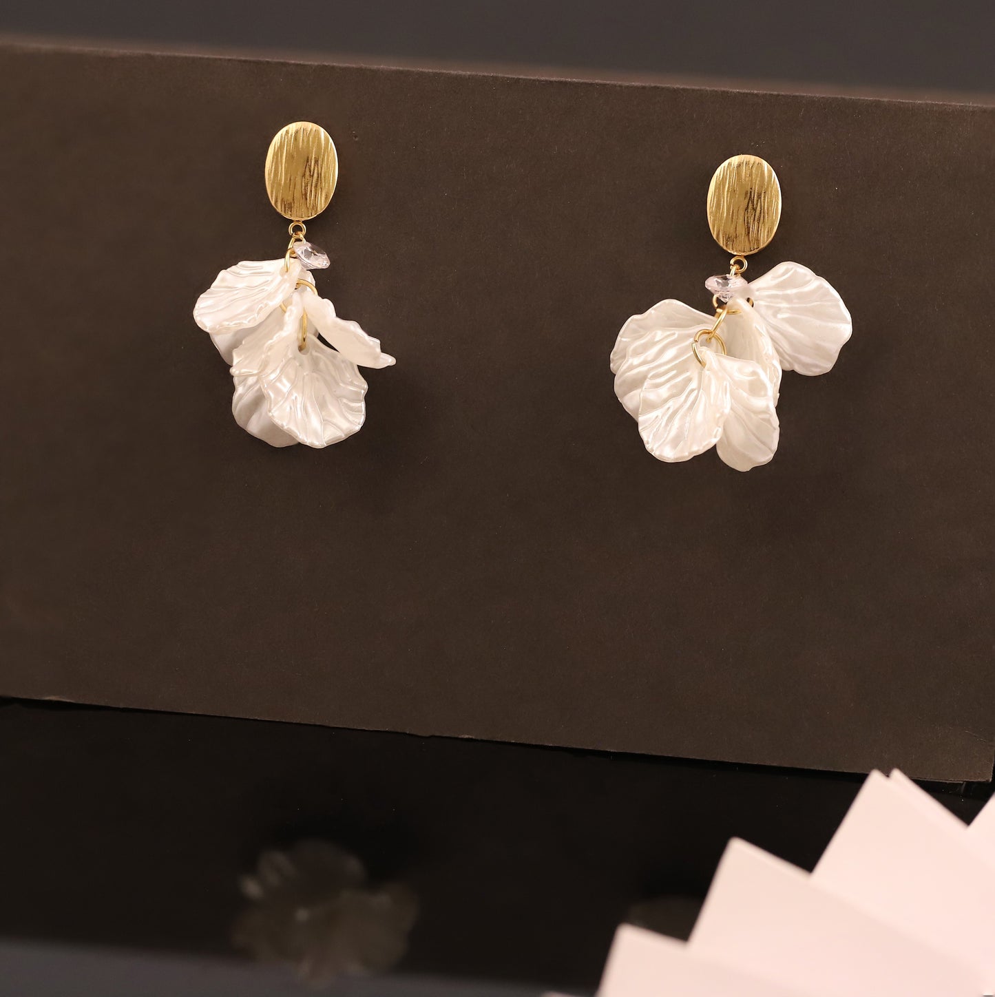 Golden Oval Stud Drop Earrings with White Petal Dangles - Unique Floral Jewelry