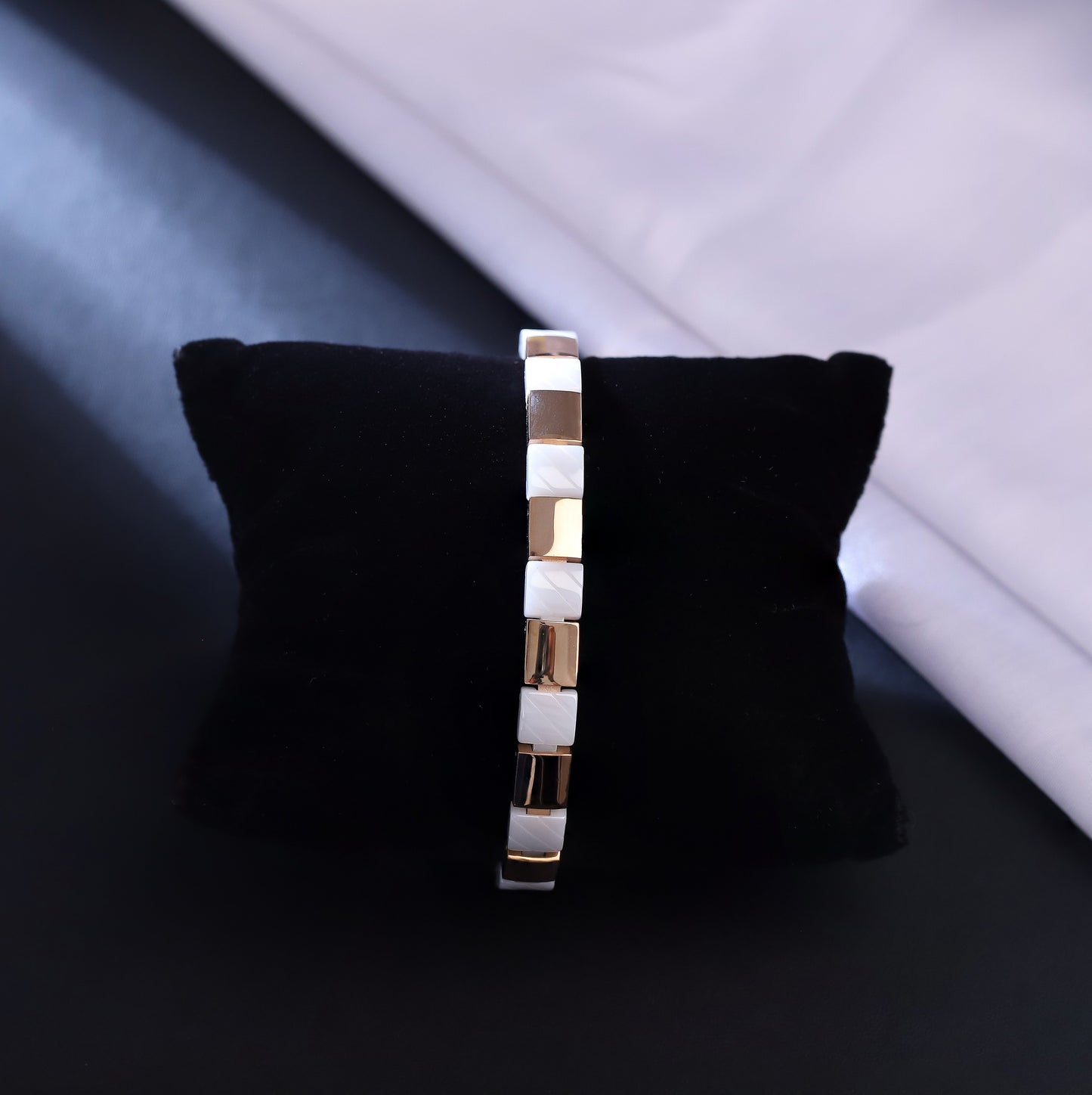 Men White Ceramic & Rose Gold Bracelet | Modern Link Bangle | CZ Pave Jewelry