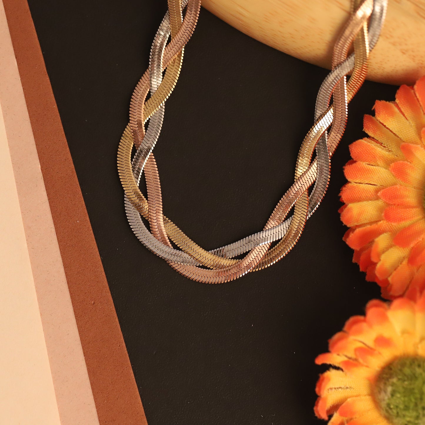 Luxurious 22K Gold Plated Three-Color Snake Chain Necklace - Waterproof & Adjustable