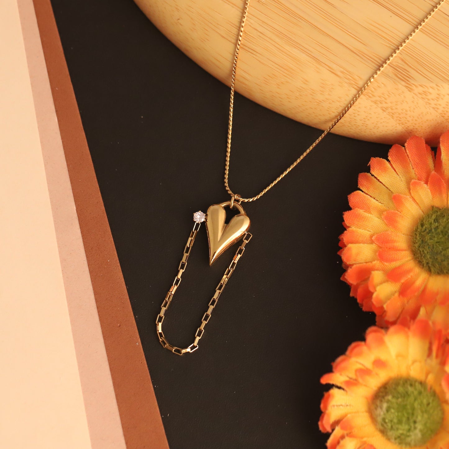 Dainty 22K Gold Plated Stainless Steel Heart & Dangle Chain Pendant