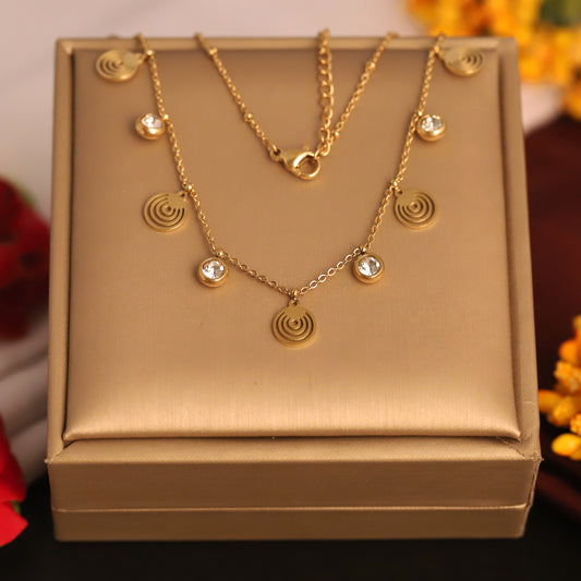 Gold Plated Spiral Disc & Zircon Charm Necklace - Modern Dainty Jewelry for Women