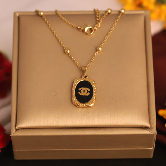 Black Enamel Oval Logo Pendant Necklace | Gold Designer Inspired Jewelry