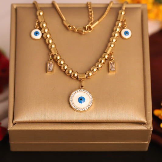 Gold Evil Eye Beaded Necklace - Layered Lucky Charm Pendant
