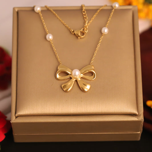 Elegant Gold Plated Bow Necklace with Pearl Accents | Dainty Ribbon & Pearl Jewelry