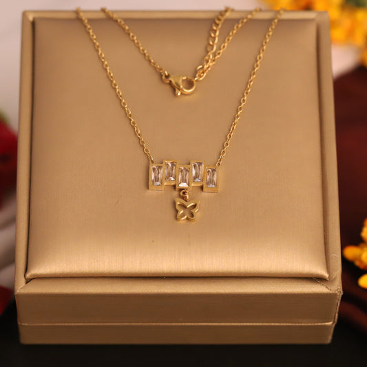 Gold Bar & Butterfly Pendant Necklace | Baguette Zirconia Necklace | Dainty Charm Jewelry