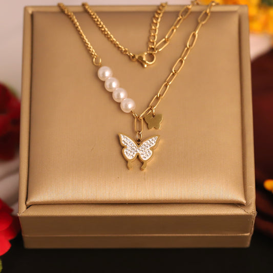 Sparkling Butterfly and Pearl Necklace - Gold Plated Statement Jewelry