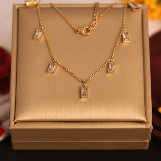 Dainty Gold & Crystal Rectangle Charm Necklace | Minimalist Dangle Choker