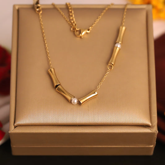 Gold Bamboo & Pearl Necklace - Modern & Minimalist Choker